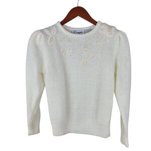 Vintage 80/90s Sweater Size Small Metallic Embroidered Pearl Granny White Glam